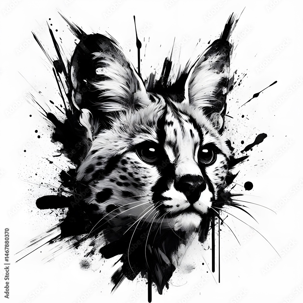 Obraz premium 역동적인 잉크 분사 표현을 한 서벌 흑백 추상화, jpeg (A Serval black-and-white abstraction with dynamic ink jet expression, jpeg)