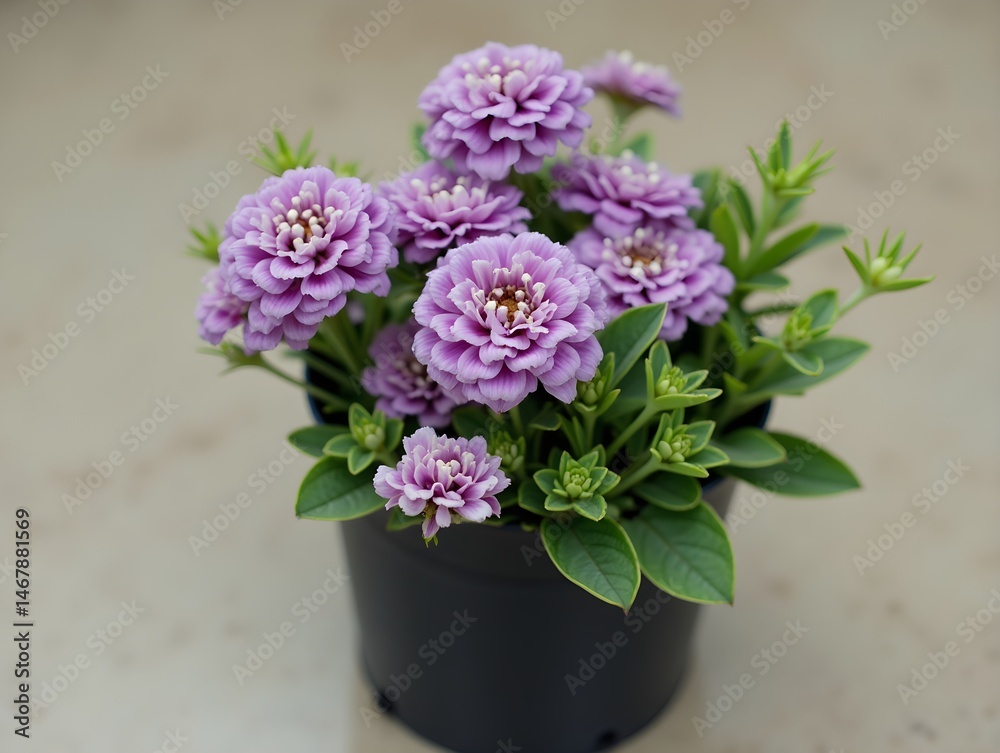 Fototapeta premium A black pot with purple flowers sitting on a table