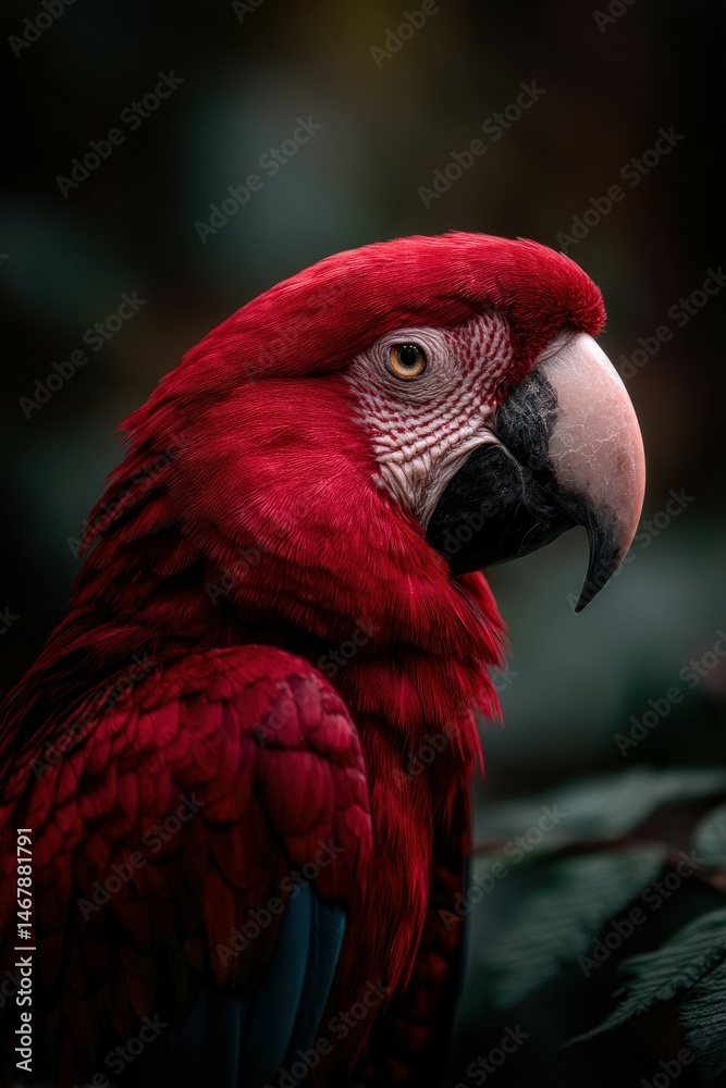 Fototapeta premium Vibrant red parrot perched gracefully in a lush forest setting