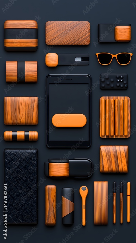 Dark Flatlay of Tech Accessories with Wooden and Orange Accents Dark Flatlay of Tech Accessories with Wooden and Orange Accents