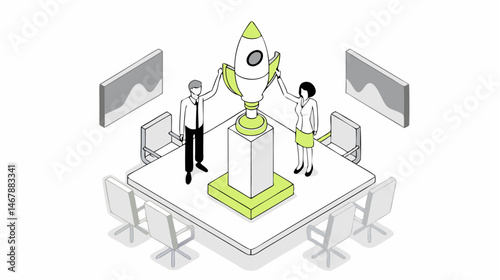 Celebrate Startup Success Team admires rocket trophy symbolizing innovative launch and future growth