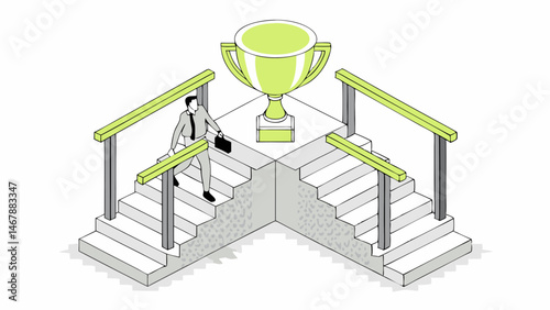 Businessman climbing stairs towards a trophy symbolizing success and achievement Simple clean