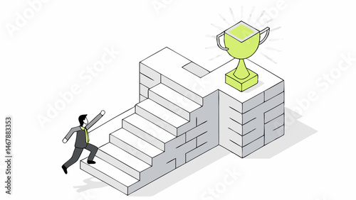 Businessman Ascending Steps Towards a Shining Trophy Success Achievement isometric illustration