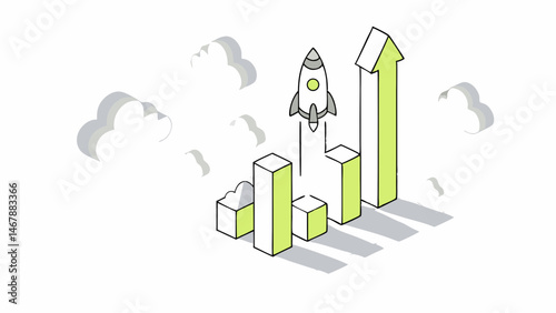 Rocket launching past growing bar graph symbolizing business growth and success clean vector