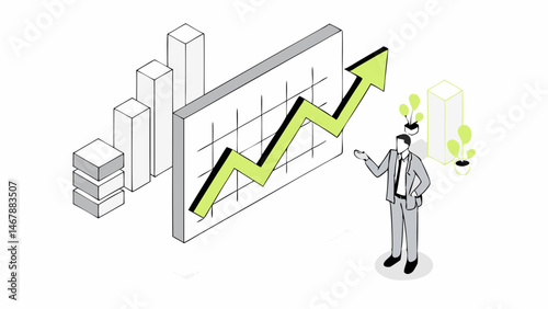 Businessman presenting upward growth chart showcasing financial success isometric illustration clean