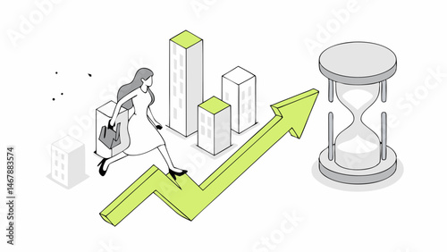 Career woman climbing upward growth chart time is precious ambitious achieving goals success journey