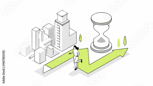 Woman sprints toward growth leaving urban sprawl behind Time is money success path isometric