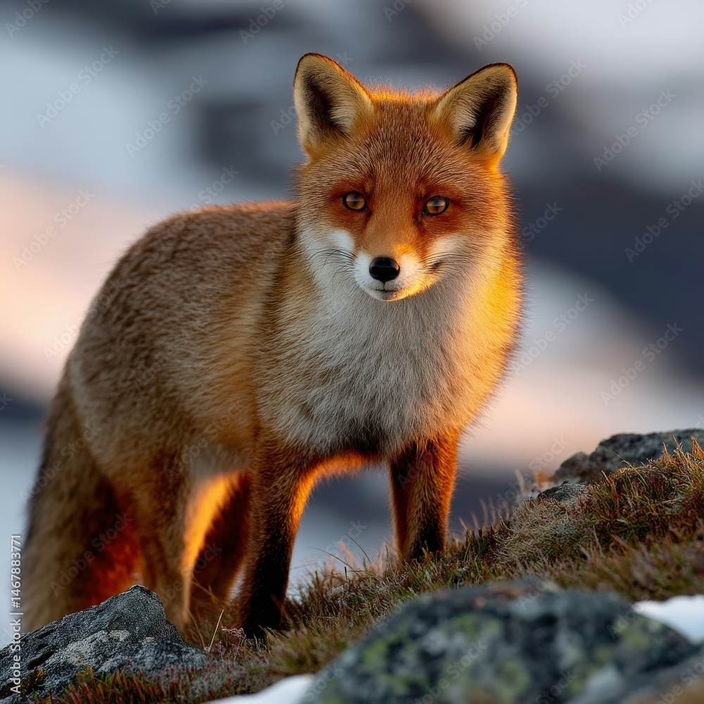 Fototapeta premium Fox stands on rocky terrain during sunset in a mountainous region