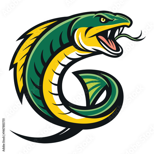 Design an esports logo an angry eel coiled aggressively around glowing bait, incorporating sharp lines and vibrant colors.