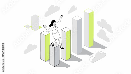 Businesswoman celebrates success leaping joyfully atop growth charts reaching new heights achieving