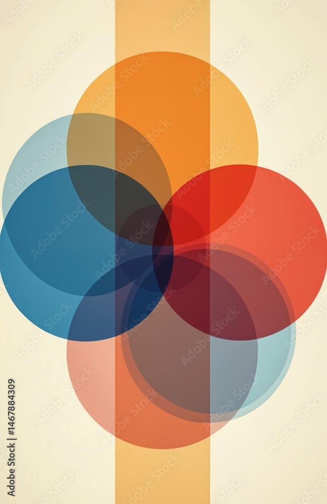 Obraz premium Abstract illustration of Ikigai concept. Overlapping circles intersect with vertical line. Colors blue red orange brown. Symbol of life balance, purpose, passion, value. Perfect for self-help design.