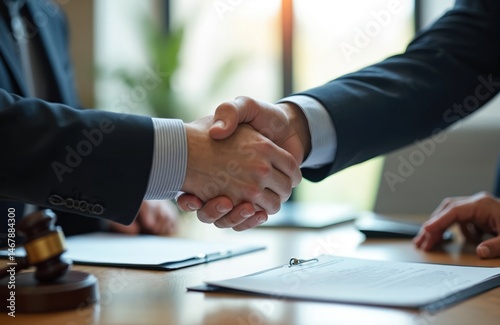 Business partners handshake over contract. Lawyers, attorneys, colleagues make deal. Legal agreement, partnership, teamwork, cooperation concept. Formal meeting in modern office. Jurisprudence,