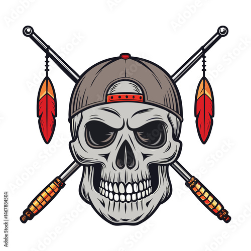 A skull, adorned with fishing bait earrings and crossed fishing rods, representing a fishing club emblem.  Detailed, dark, artistic style.