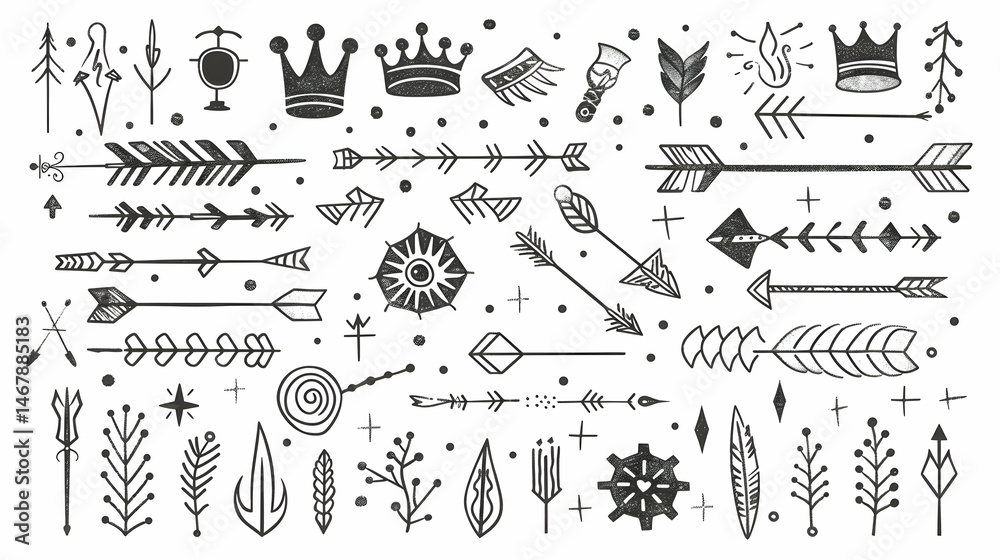 Fototapeta premium Super set different hand drawn element. Collection of arrows, crowns, circles, doodles on white background. Vector graphic design