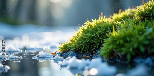Thick moss covering frozen ground, delicate icicles dangle , winter, macro, stock