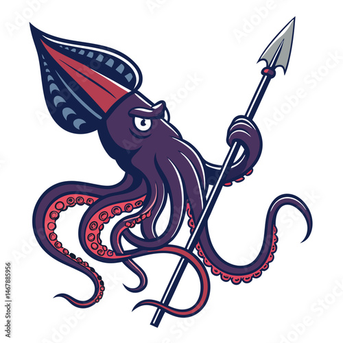 A colossal squid mascot, vibrant and friendly, wields a fishing rod like a spear, playfully poised for action.  Detailed illustration needed.