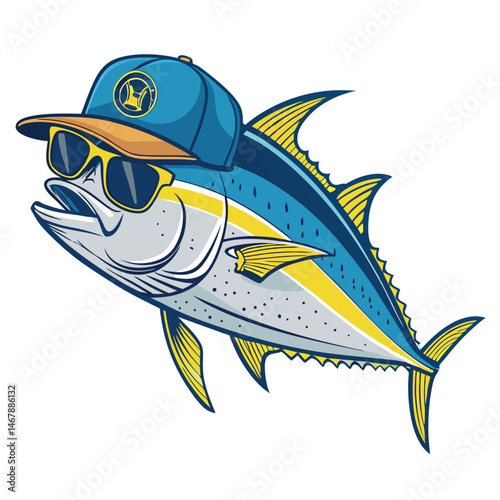 A colossal tuna, sporting sunglasses and a baseball cap, nonchalantly strolls through a bustling urban cityscape.