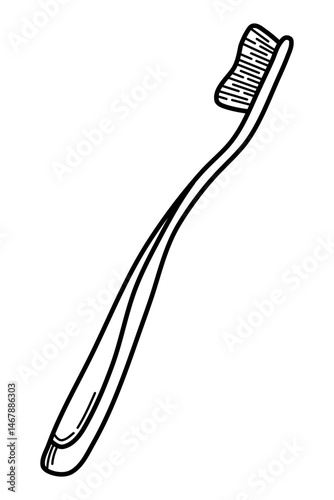 Black and white illustration of a manual toothbrush in a minimalist hand-drawn style. Perfect for dental care infographics, hygiene product packaging, children's educational materials, and oral health