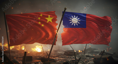 China vs taiwan flag crossed with dramatic background.
