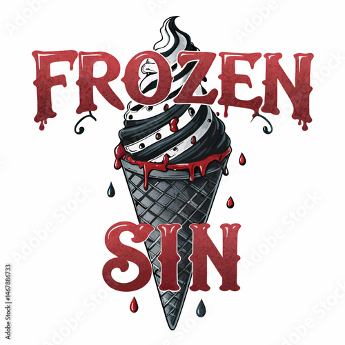 Gothic lettering spelling "Frozen Sin" dramatically overlays a melting demonic figure, rendered in chilling detail.  Create a high-resolution image.