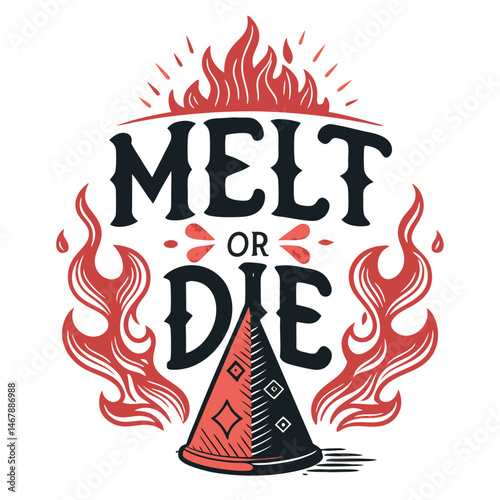 Design a gothic serif font, "Melt or Die,"  placed beneath a fiery, melting cone.  Include dramatic lighting and a blazing, hellish aesthetic.