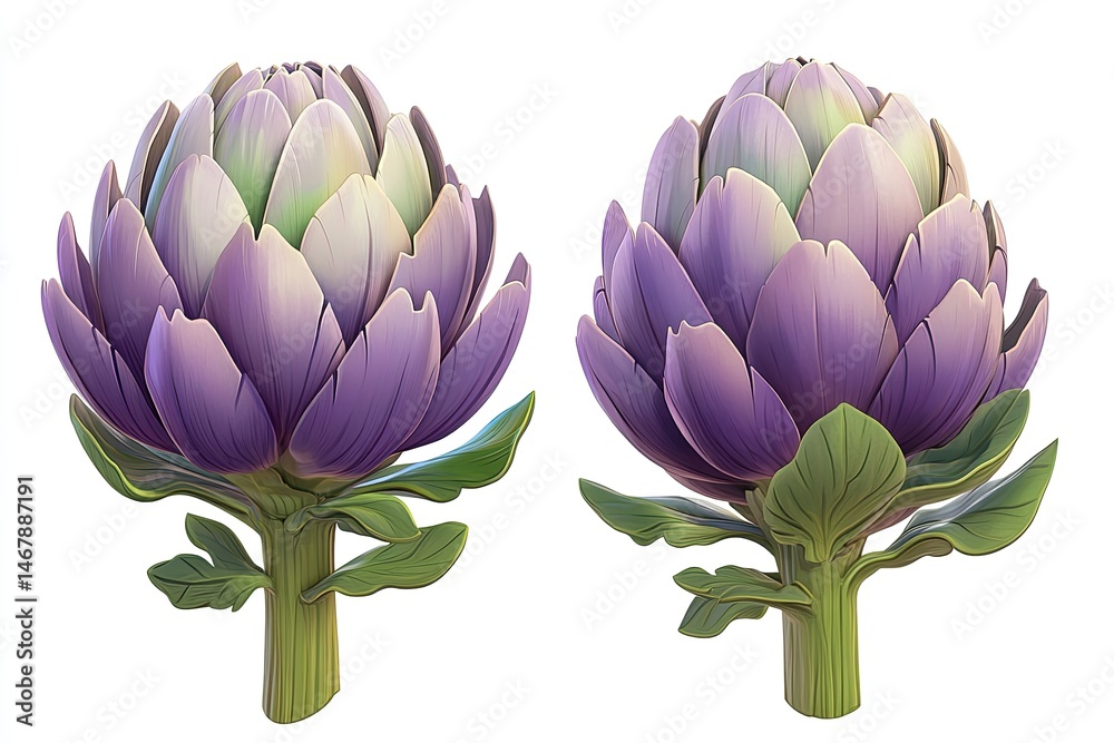 Fototapeta premium Two artichoke heads, with detailed edible flower