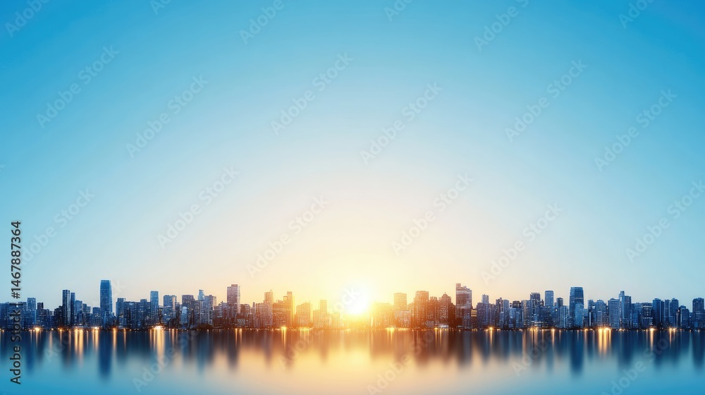Obraz premium Urban skyline at dawn or dusk reflecting on calm water serene cityscape view