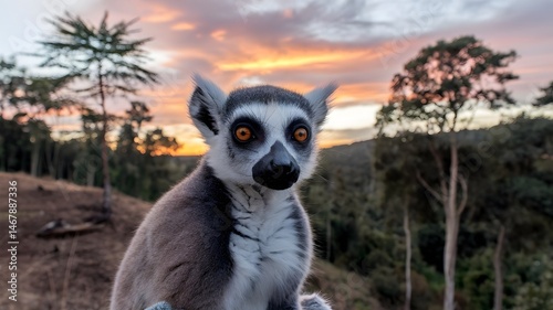 A ring-tailed lemur observes its surrounding in a peaceful sunset environment. The lemur is the center of attention, showcasing its unique ringed tail