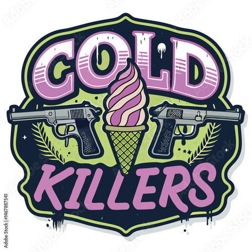 Create a graffiti-style artwork depicting two cold-blooded killers, each wielding dual pistols, in a gritty urban setting.  Focus on dynamic poses and intense expressions.