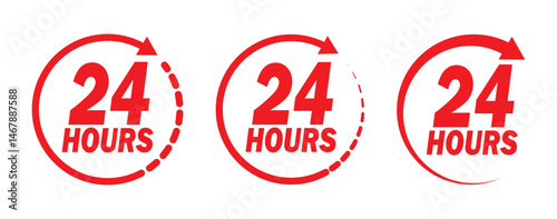 Set of Red 24h service duration icon collection. Support 24 hours, Support service symbol. 24 hours red icon vector set. Red 24 hour service icon. 24 hours order execution or delivery service icon. 