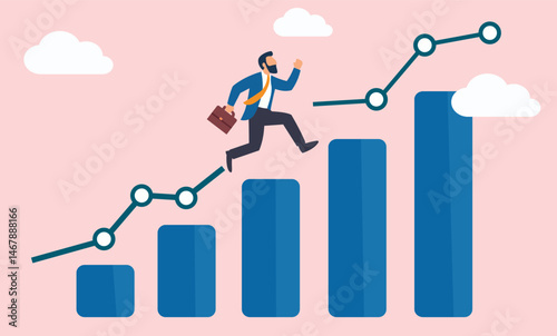 Ascending to Success: A determined individual strides confidently towards the pinnacle of growth and achievement. The visual representation of upward trajectory, ambition, and potential.