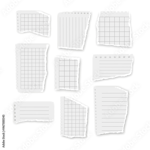 Torn pieces of notebook paper on a white surface