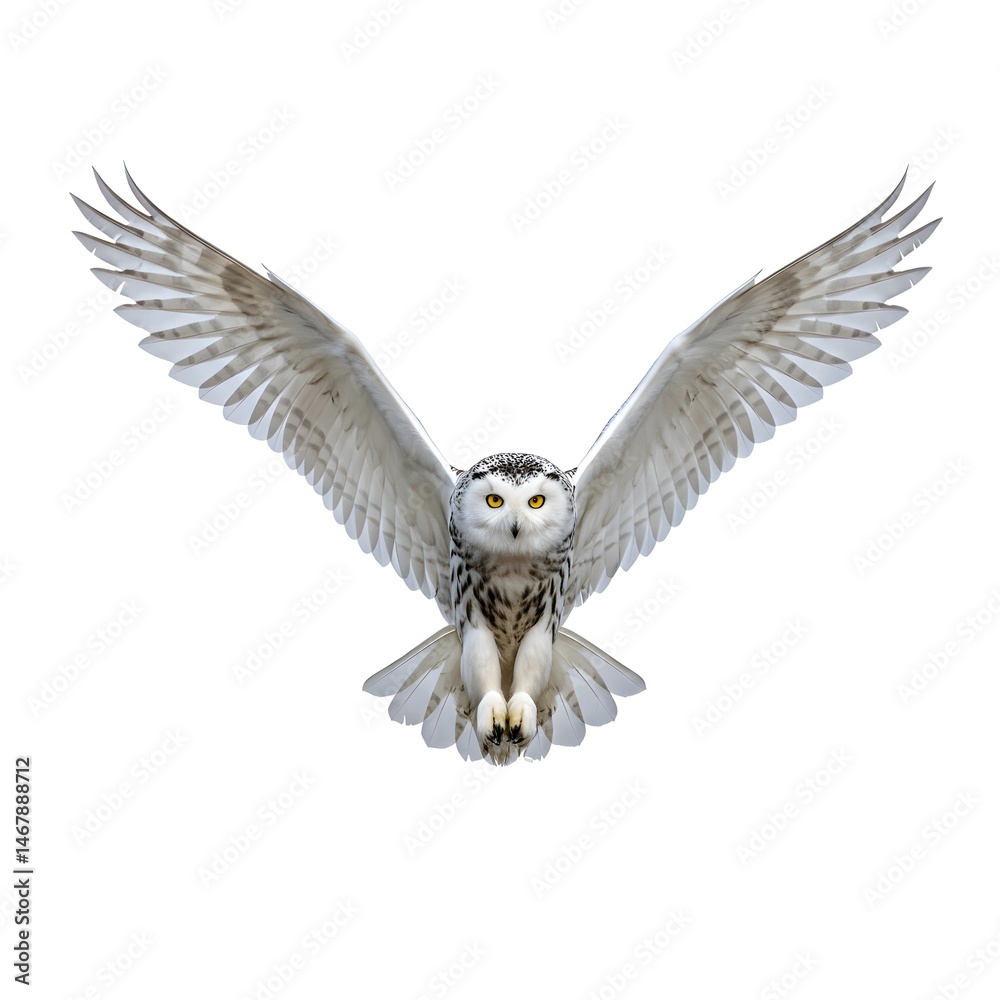 Fototapeta premium Snowy Owl in Mid-Flight Against white Background Showcasing Detailed Plumage 
