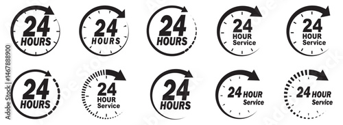 24 hours icon vector set. 24h open all day service concept. 24 hours service vector symbol. 24 hours support a variety of symbols, icons, badges, labels, and stickers for Customer Service. 