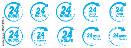 Blue 24 hour service icon vector set.  24 hours order execution or delivery service icon. Set of blue 24h service duration icon collection. Support 24 hours, Support service symbol. 24 hours icon. 