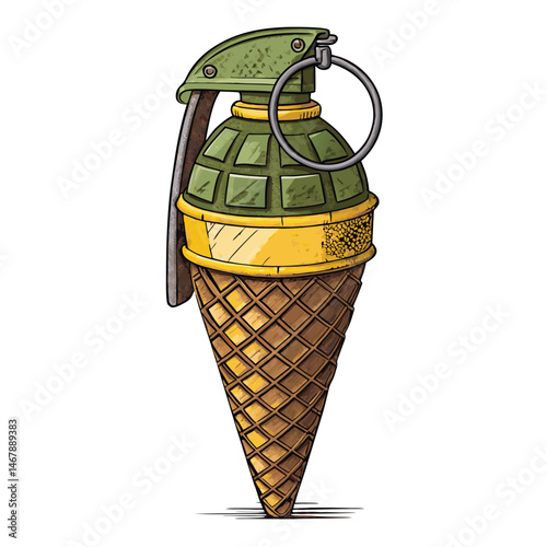 A stylized ice cream cone shaped like a military grenade, seconds from exploding, with melting ice cream representing shrapnel.