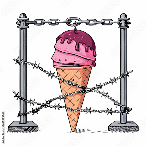 A melting ice cream cone, impaled on barbed wire and bound by heavy chains, symbolizes trapped sweetness and forbidden indulgence.