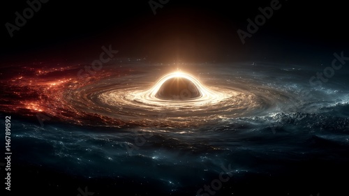 Agujero negro con un disco de acreción brillante y espiral de gas y polvo, con colores naranja, amarillo y azul.