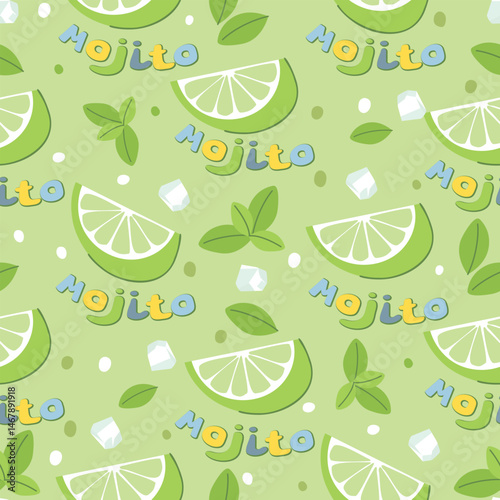 Summer drink seamless pattern with ice cubes, lime slices, mint leaves and hand written Mojito. Green, yellow, blue and white colors. Vector design for printing on fabric and paper, for textile