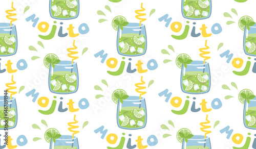 Summer drink mojito seamless pattern. Glass cup, ice cubes, lime, mint leaves. Yellow, green, blue colors on white background. Vector design for printing on fabric, paper, for textile, wallpaper.