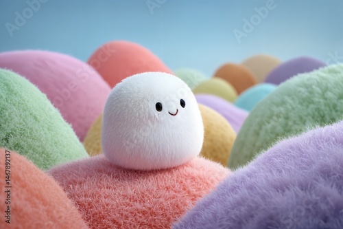 Un personaje blanco y esponjoso se sienta sobre una colina de bolas de algodón de colores vibrantes.