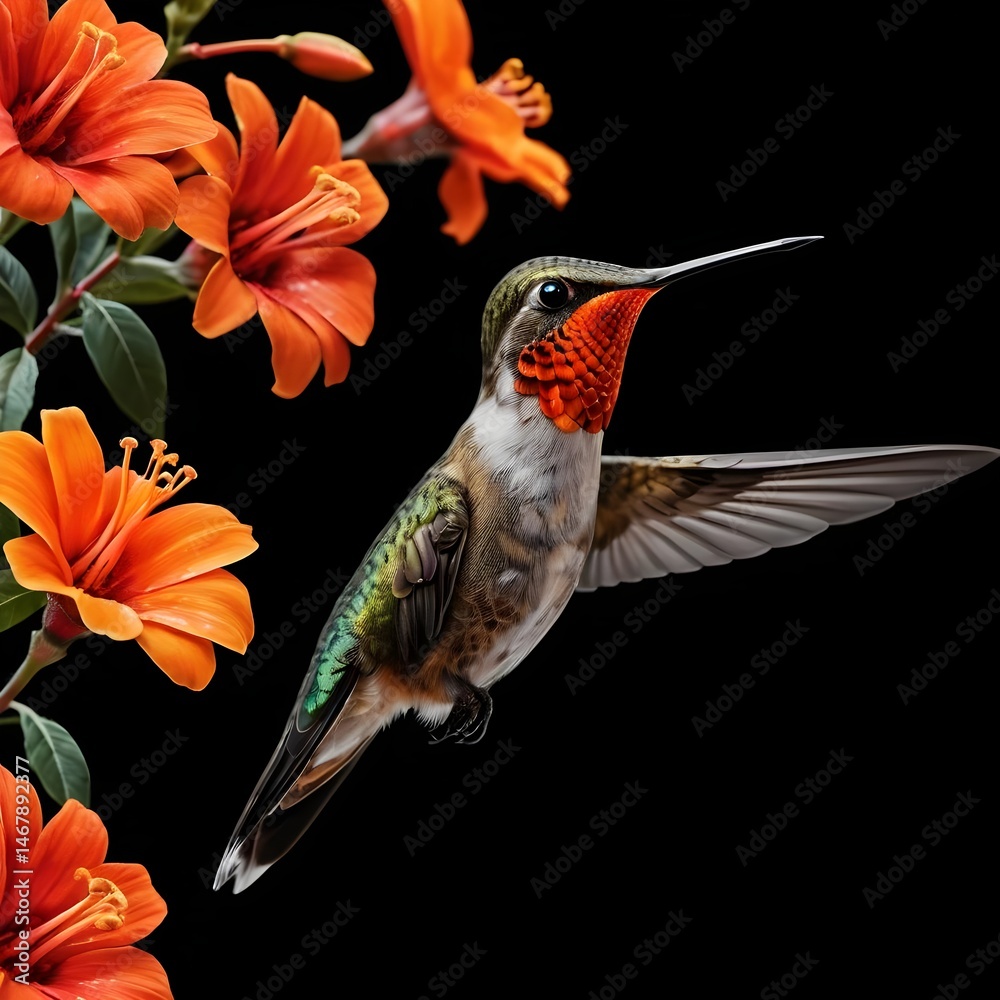 Fototapeta premium Hummingbird and Orange Flowers