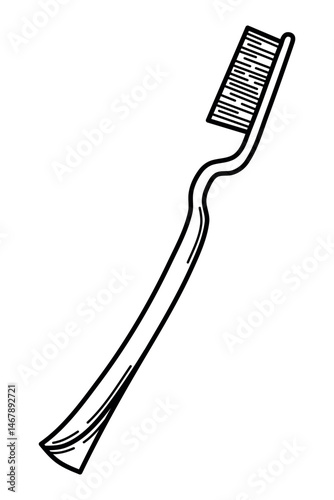 Black and white illustration of a manual toothbrush in a minimalist hand-drawn style. Perfect for dental care infographics, hygiene product packaging, children's educational materials, and oral health