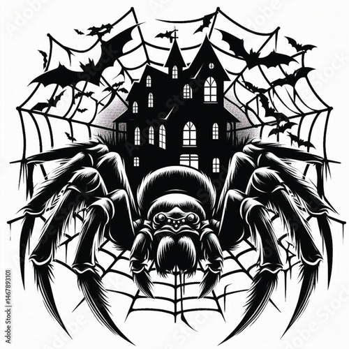 Creepy halloween illustration depicting a giant spider web bats haunted house silhouette