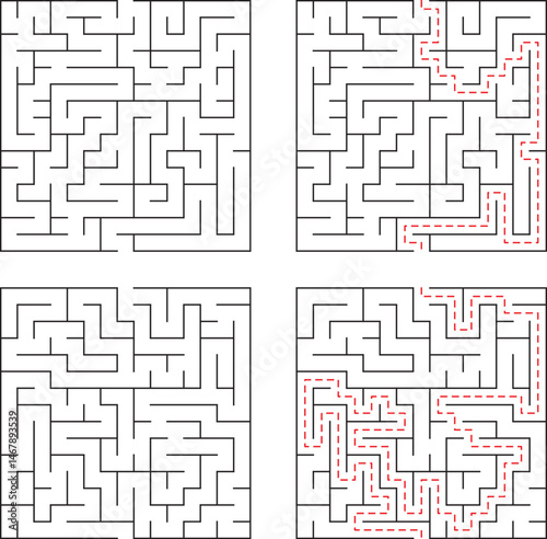 Four labyrinth puzzles depicting maze challenges with solved paths illustrated in red dashed lines