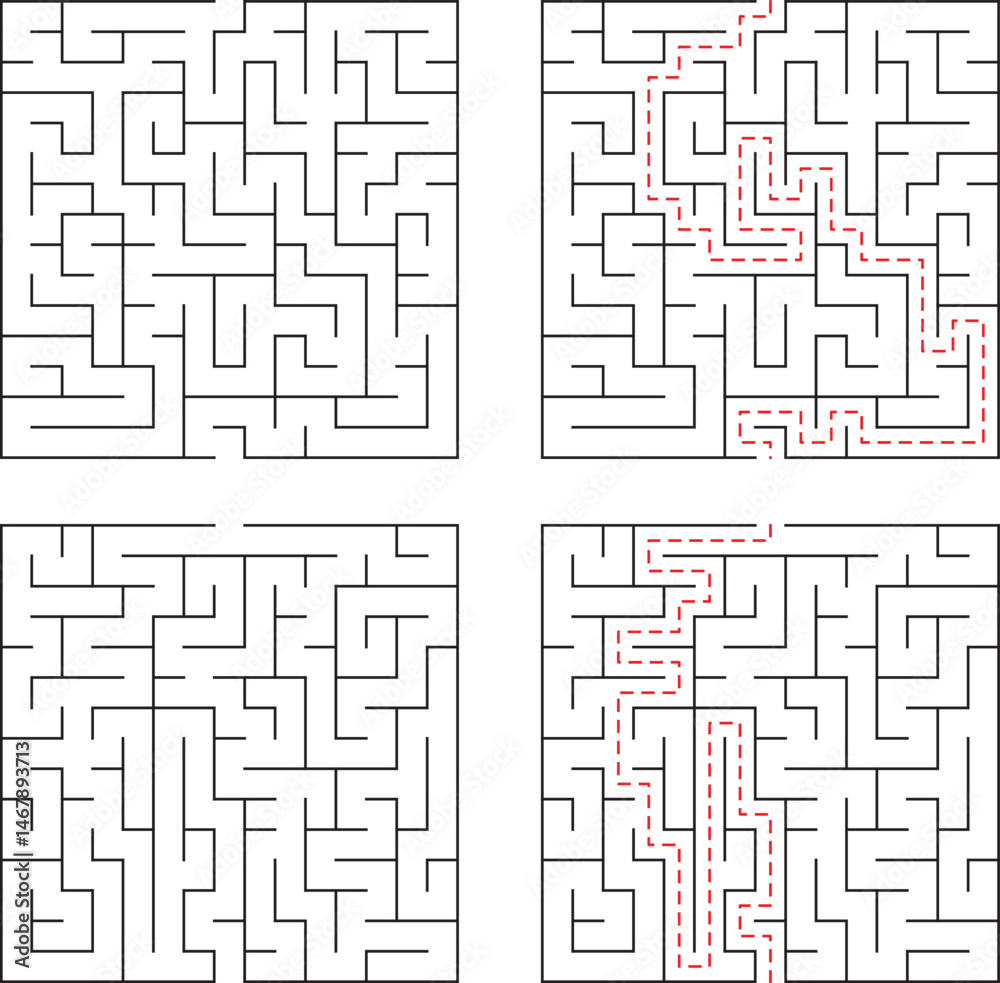 Four maze illustrations representing challenge solving and direction finding in problem solving activities Four maze illustrations representing challenge solving and direction finding in problem solving activities