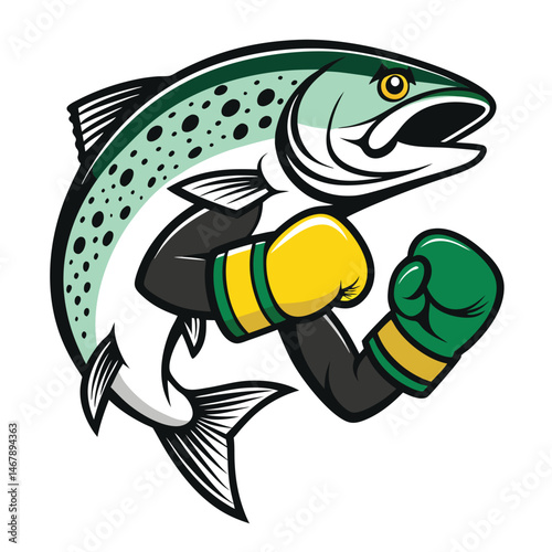A cartoon trout fish mascot, wearing boxing gloves, in a fighting stance, ready to rumble.  The design should be vibrant and playful.