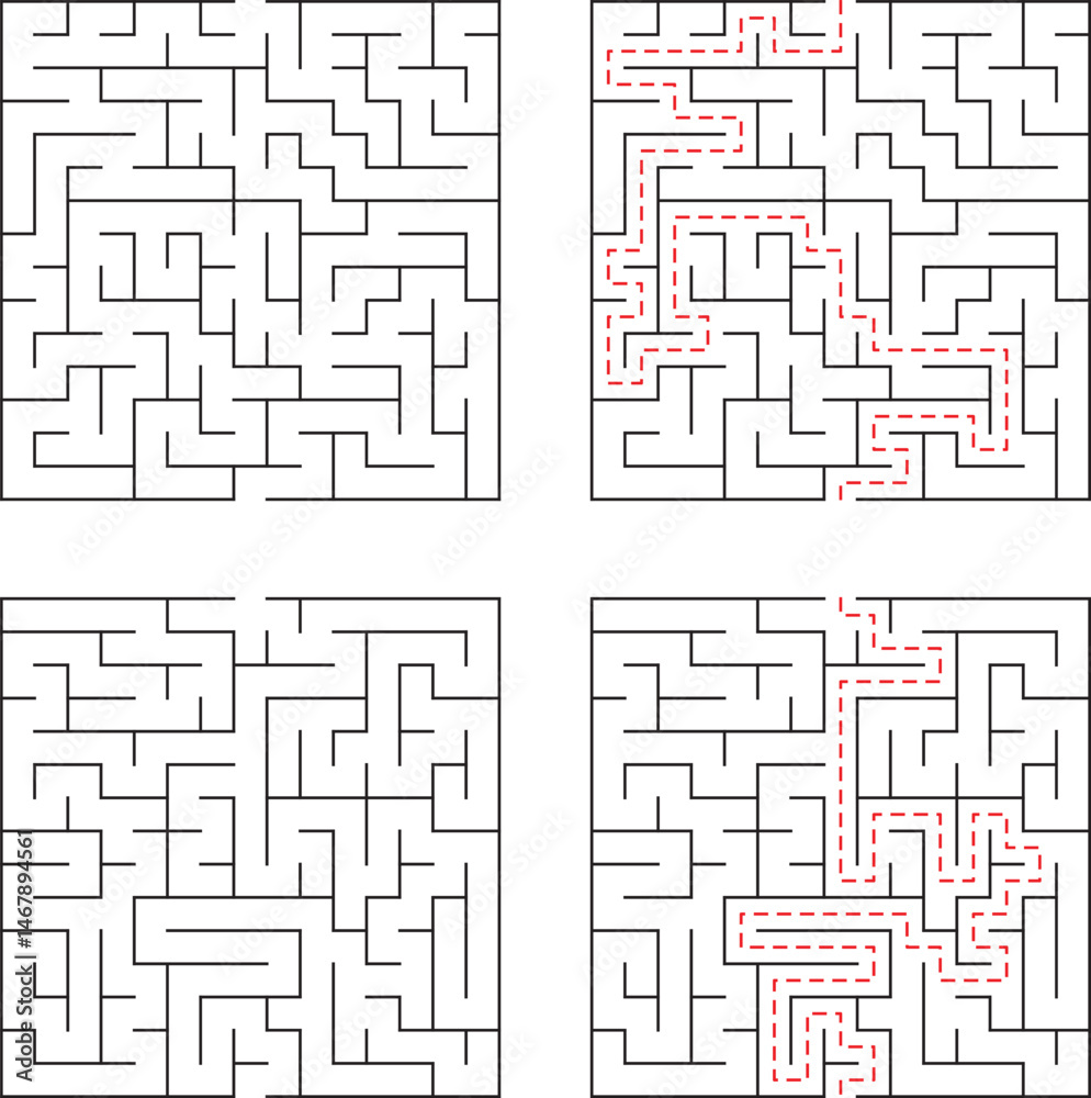 Four square maze puzzles with solutions highlighting paths for problem solving and concept development Four square maze puzzles with solutions highlighting paths for problem solving and concept development