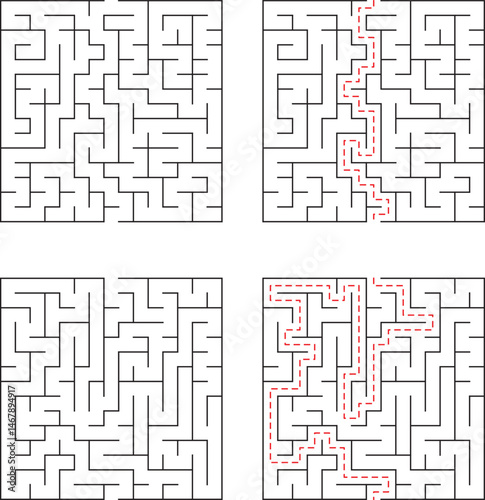 Four square puzzle maze examples with two mazes showing the solved solution pathways in red dotted lines.