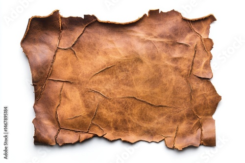 Damaged leather surface showing rough fraying around tear, cut out, isolated white background